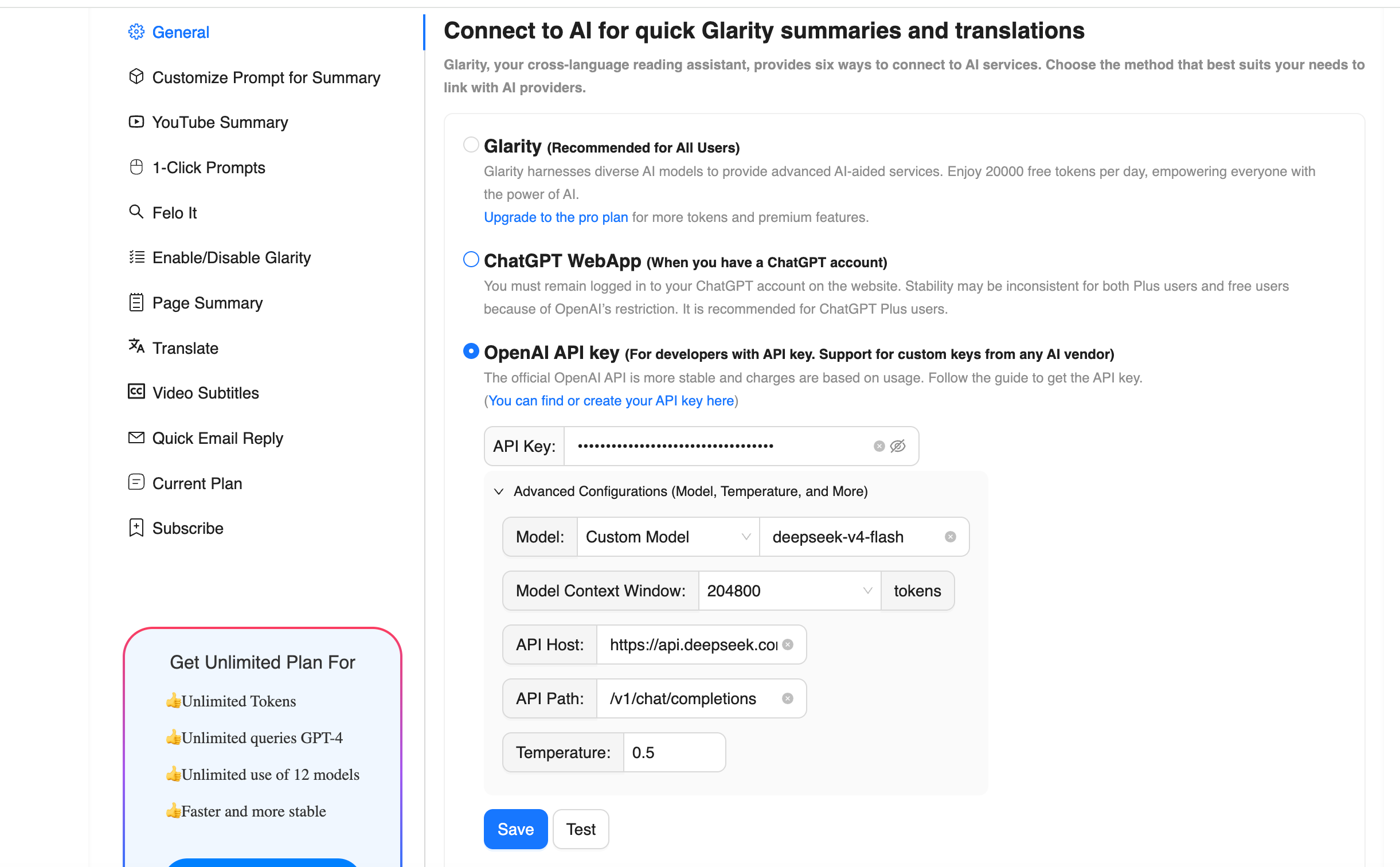Glarity settings connected to a DeepSeek API key: custom model, 204,800-token context window, api.deepseek.com host, /v1/chat/completions path, temperature 0.5